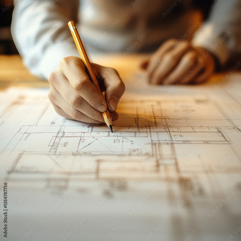Architect at Work: Hand with Pencil Detailing a Building Blueprint with Precision and Expertise Architect at Work: Hand with Pencil Detailing a Building Blueprint with Precision and Expertise