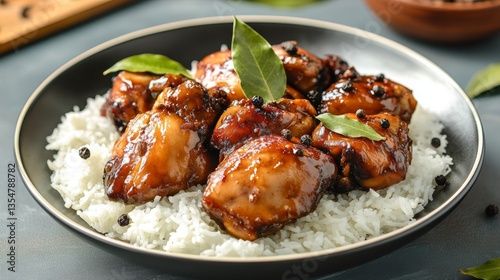 Filipino chicken adobo served with steamed white rice in a warm rustic kitchen setting with bay leaves and peppercorns