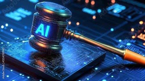 The impact of artificial intelligence on legal frameworks and technological advancements, represented by a gavel against a digital background featuring AI elements