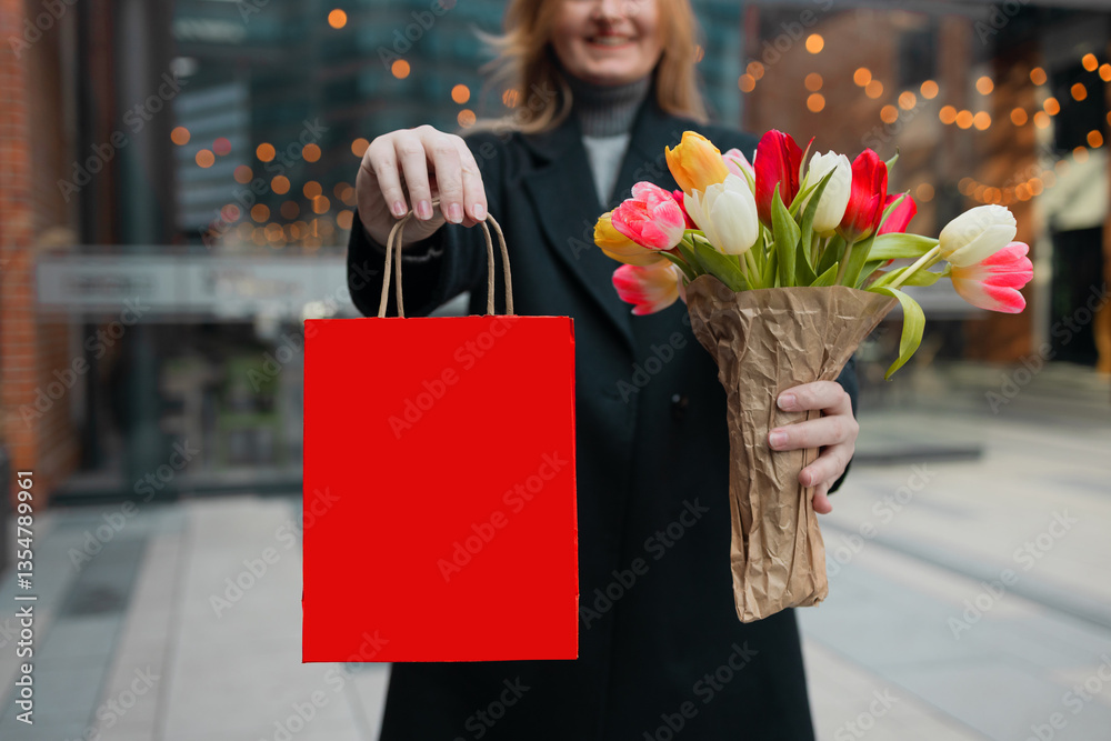 Pretty young woman holding shop bag with bouquet of tulip flowers at the flower market