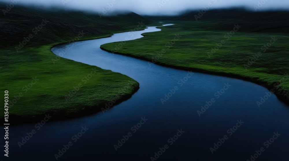 Serene river winding through lush green valley. Misty mountains in the background Serene river winding through lush green valley. Misty mountains in the background