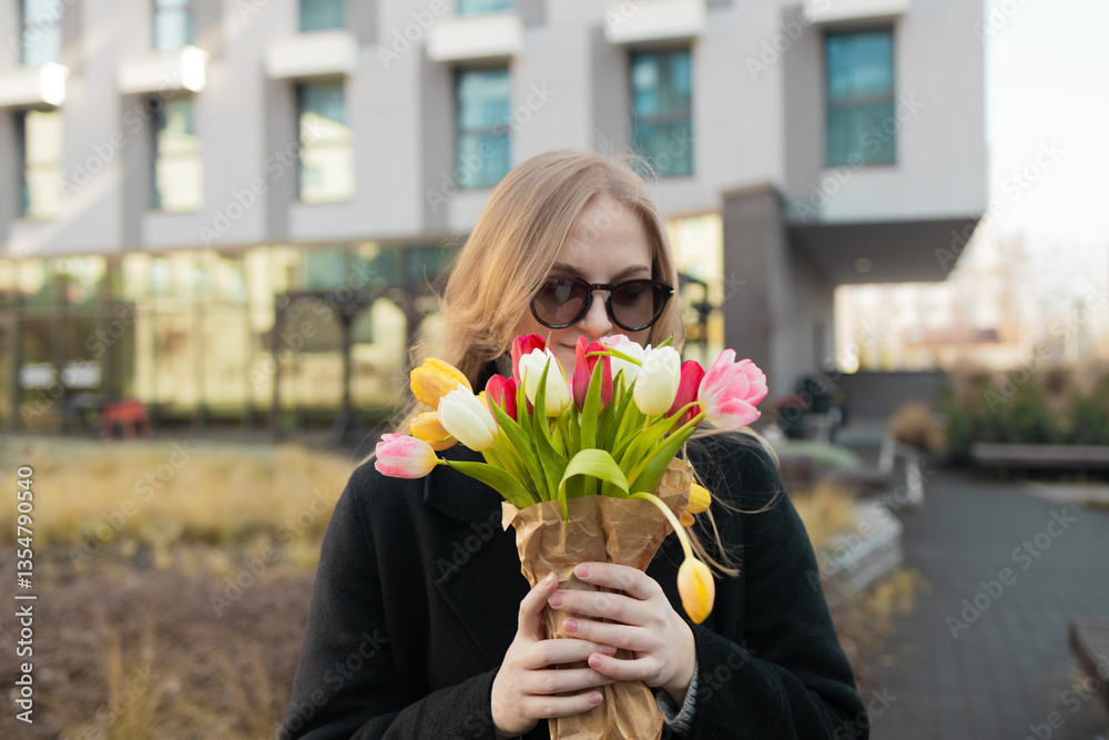 International Women's Day. Caucasian blonde happy woman smelling a bunch of spring flowers, which she is holding in her hands. Woman gets gift from husband.