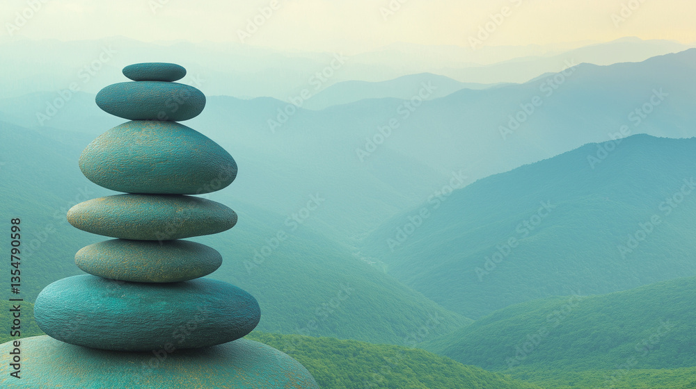 Serenity Stacked: A serene stack of stones in perfect balance, set against a backdrop of misty mountains, evoking a sense of peace, mindfulness and tranquility. Serenity Stacked: A serene stack of stones in perfect balance, set against a backdrop of misty mountains, evoking a sense of peace, mindfulness and tranquility.