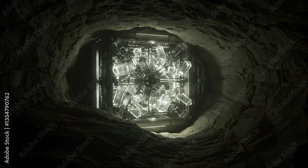 Obraz premium Glowing Crystal Formation Inside Dark Cave Exploration Concept