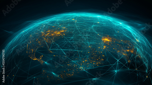 Global Network: A mesmerizing digital illustration of the Earth, enveloped in a vibrant network of interconnected lines and glowing nodes.