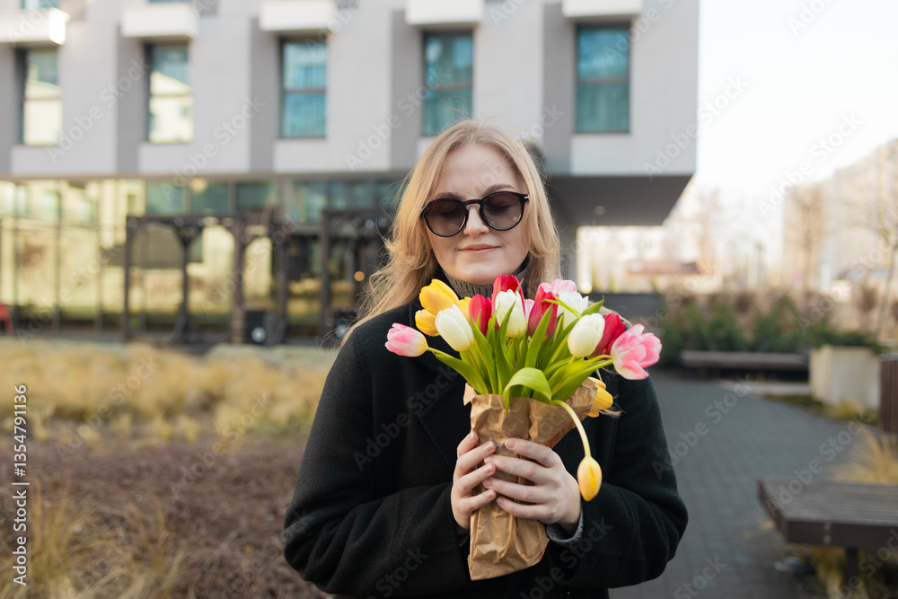 International Women's Day. Caucasian blonde happy woman smelling a bunch of spring flowers, which she is holding in her hands. Woman gets gift from husband.