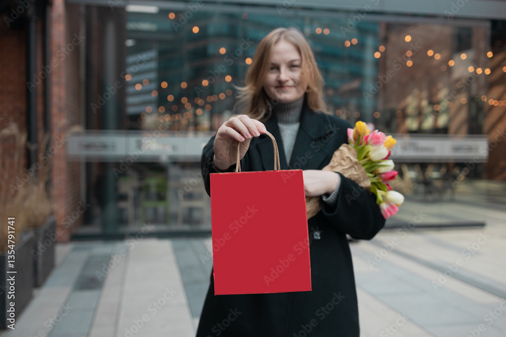 Pretty young woman holding shop bag with bouquet of tulip flowers at the flower market