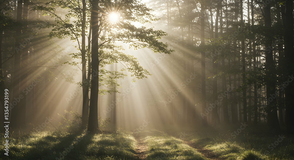 Naklejka premium Sunbeams Through Trees Creating Dramatic Light in Forest Path