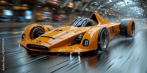 Orange racecar speeds, city rain, blurred background