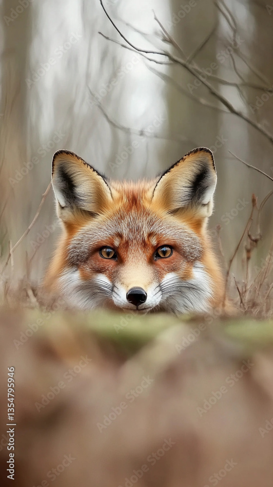 Fototapeta premium Red fox with a curious expression peeking through the grass in a natural forest setting 
