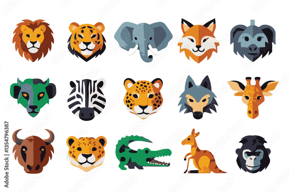 Obraz premium Diverse Animal Heads Set Lion, Tiger, Elephant, Fox, Wolf, Zebra, Crocodile, Giraffe, More