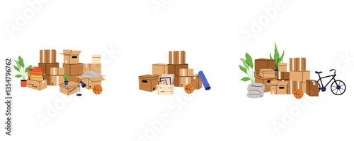 Cardboard boxes, interior things. Moving home service. Carton package with,, bicycle and books. House relocation. Package heap and pile. Storage shipping cartoon flat isolated vector composition