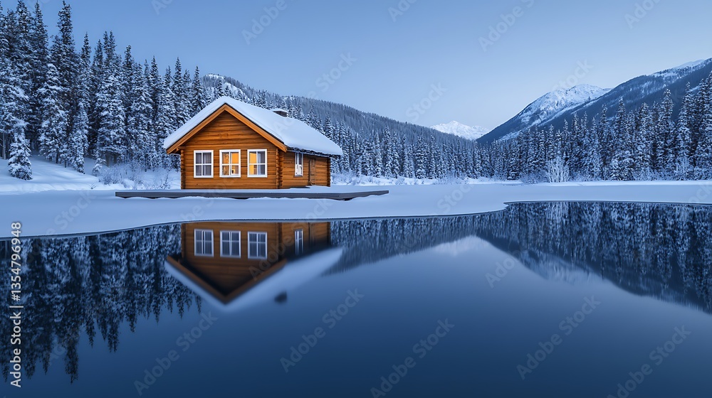 Fototapeta premium Winter cabin reflecting in a frozen lake at dawn.