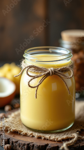 A jar of golden-yellow beef tallow with a wooden tie on a rustic surface.