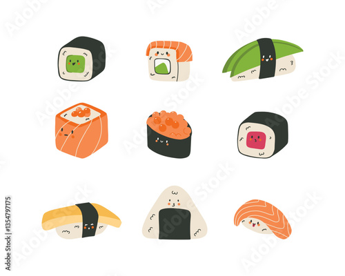 Kawaii japanese food. Rolls and sushi characters, emoji asian cuisine , rice and salmon in seaweed, mascot happy emotions, stickers collection, cartoon flat isolated illustration vector isolated set