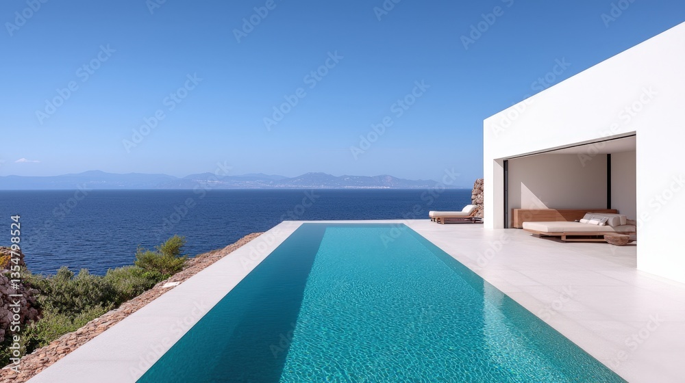 Fototapeta premium Luxury home and mansion premium, A modern villa with a stunning infinity pool overlooking the ocean, featuring minimalist architecture and serene surroundings.