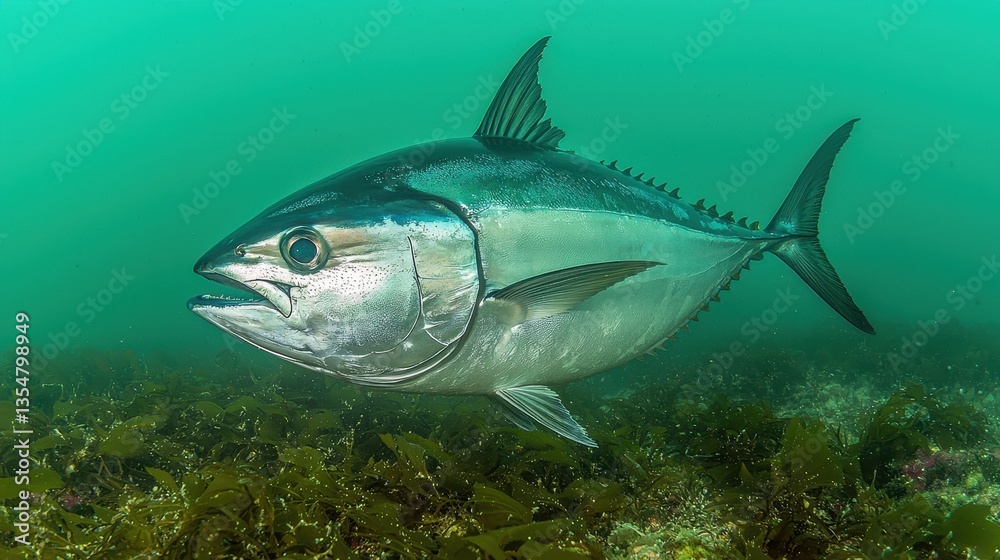 Majestic tuna fish swimming gracefully underwater amidst ocean flora