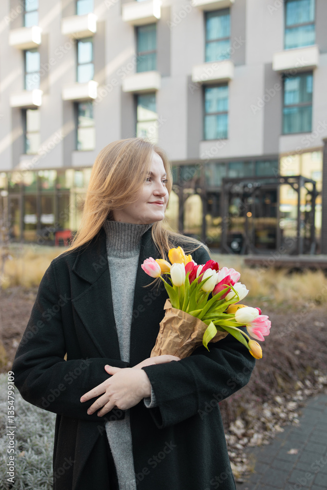 Beautiful happy Caucasian woman smelling bunch of tulips with closed eyes. High quality