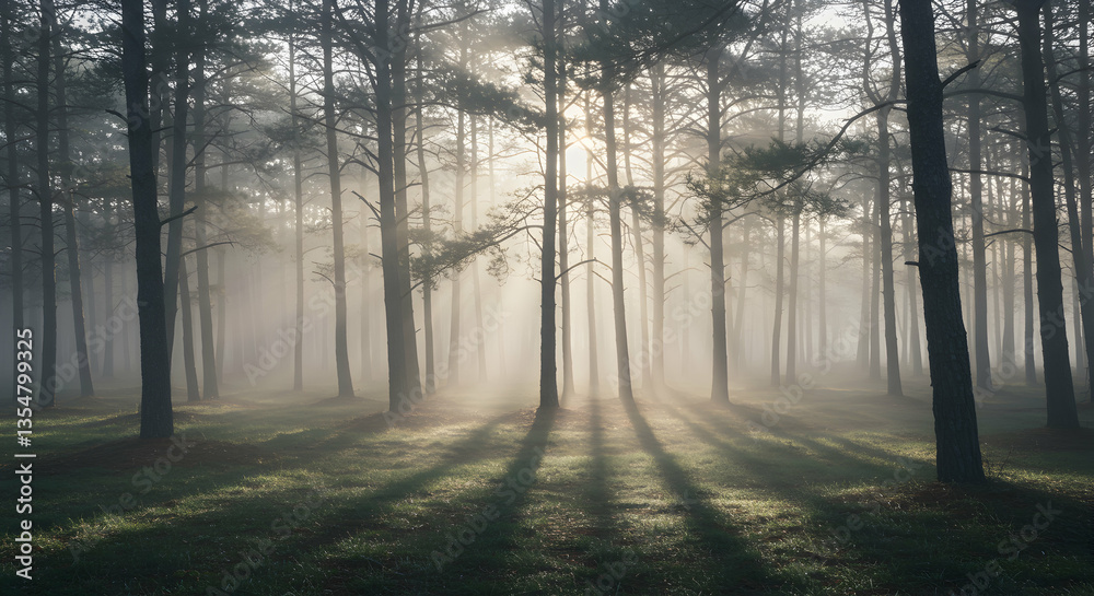 Obraz premium Sunlight Streaming Through Foggy Forest Creating Long Dramatic Shadows