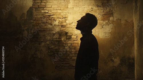 Silhouette of a Man Against a Brick Wall: A Study in Light and Shadow