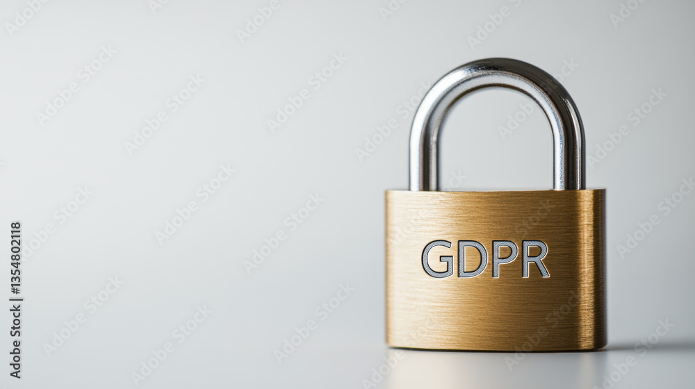 golden padlock symbolizes data protection and security, featuring acronym GDPR, representing privacy regulations