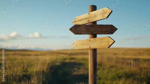 Rustic wooden directional signpost with multiple blank arrows stands in serene landscape, inviting exploration and adventure