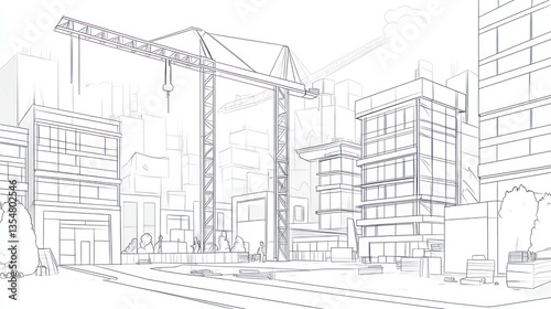 Cityscape construction crane line drawing. Possible use for architectural design, engineering projects, or construction concept art