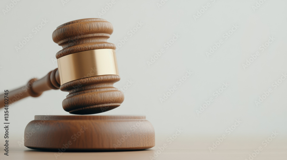 close up of wooden judge gavel resting on sound block, symbolizing justice and authority in courtroom setting
