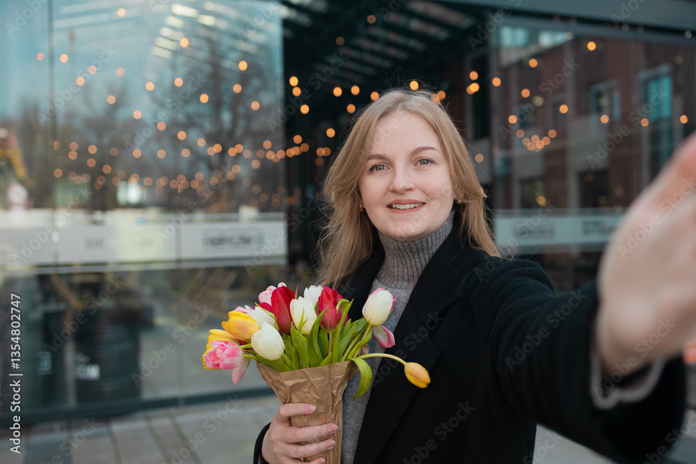 Amazed young woman extremely happy making selfie on smart phone with fresh flowers. Excited girl looking at phone screen and pleased rejoices received great news
