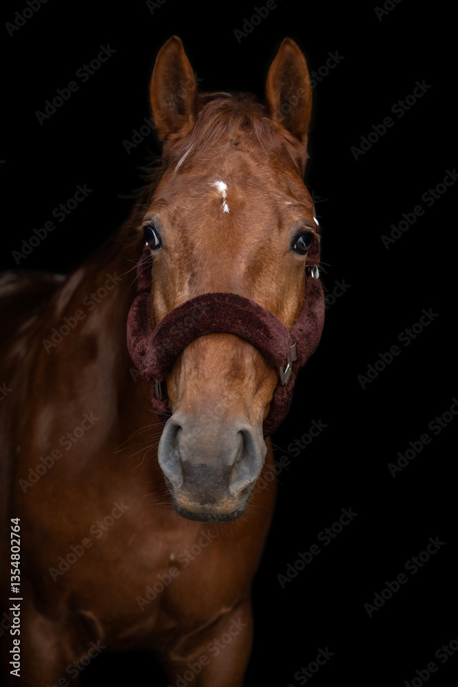 Obraz premium The portrait of brown and white horse in black background, fine art