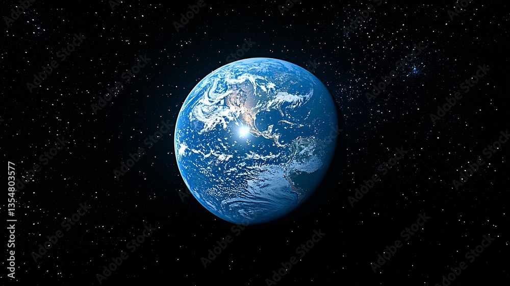 Stunning View of Earth from Space Surrounded by Stars with Bright Light Reflection on Ocean Surface