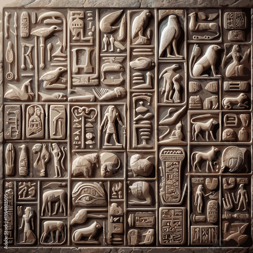 Ancient Egyptian hieroglyphics, carved stone inscriptions, historical art, archaeological design