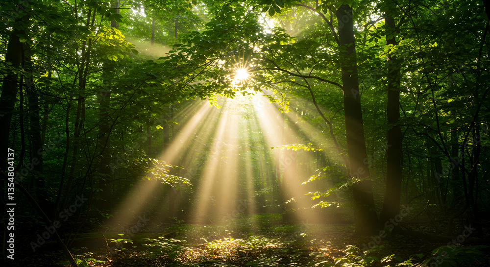Fototapeta premium Sunlight Streaming Through Green Forest Canopy Creates a Mystical Scene