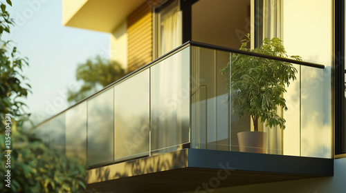 Transparent polycarbonate railing cover. The polycarbonate panels protect the balcony from wind and rain while maintaining clear.