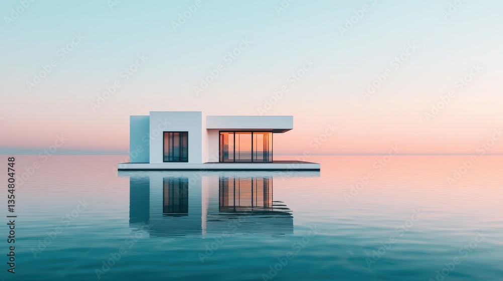 Luxury home and mansion premium, A modern architectural structure sits on calm water, reflecting the serene pastel hues of the sky during sunset, creating a tranquil and minimalist aesthetic. Luxury home and mansion premium, A modern architectural structure sits on calm water, reflecting the serene pastel hues of the sky during sunset, creating a tranquil and minimalist aesthetic.