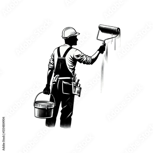 Professional painter at work. Painter man in uniform holding paint roller in black and white hand drawn style. 