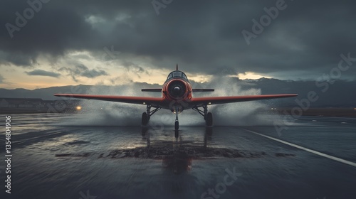 A Vintage Aircraft Preparing for Takeoff on a Rainy Airfield at Dusk, Capturing the Beauty of Aviation in Dramatic Weather Conditions Under a Moody Sky