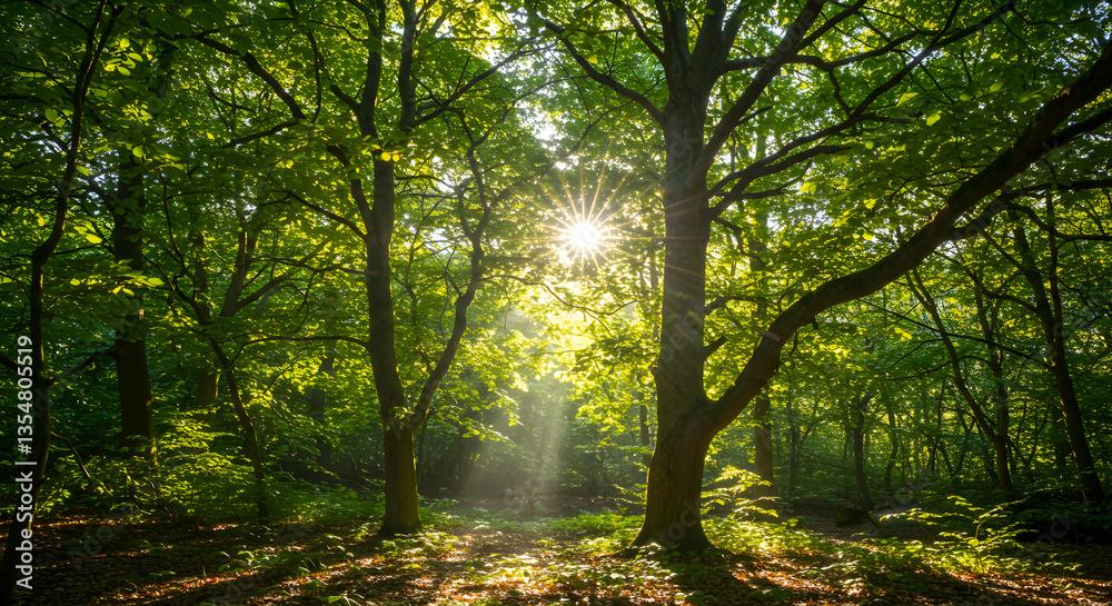 Naklejka premium Sunlight Streaming Through Green Forest Trees Creating a Serene Atmosphere