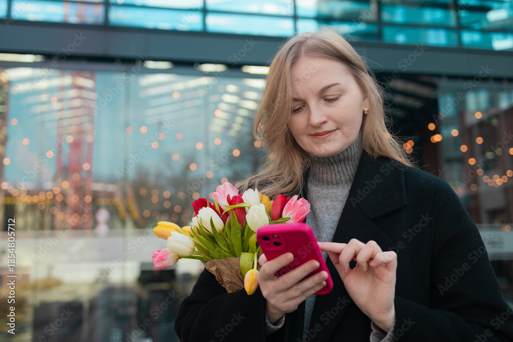 Young Caucasian blonde woman using a smart phone with flowers on a wonderful World Women's Day.