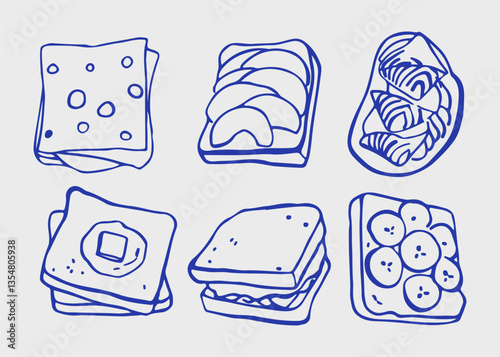 A set of doodle illustrations of sandwiches