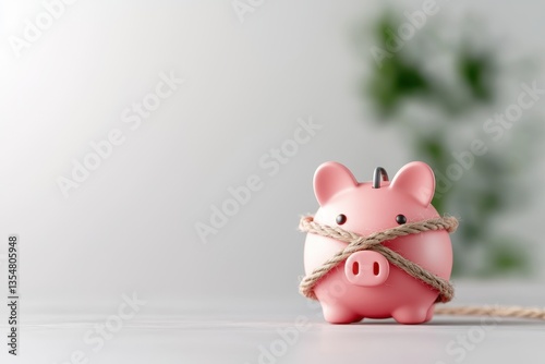 A pink piggy bank tied with rope, symbolizing financial restraint and savings in a minimalist setting.