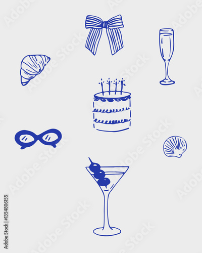 A set of dolche vita doodle illustrations. Hand-drawn birthday illustrations