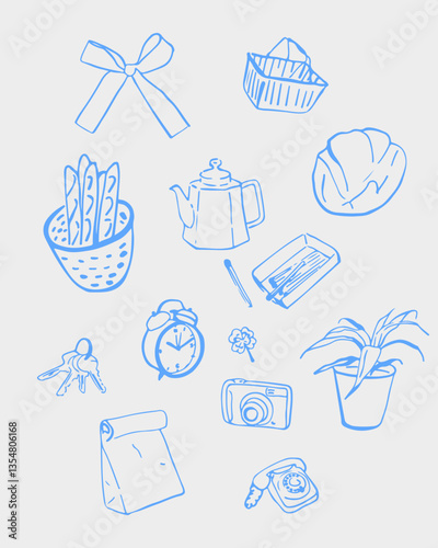A set of doodle illustrations by Dolce Vita. Hand-drawn illustrations of bread, keys, alarm clock, potted flower, camera and phone.