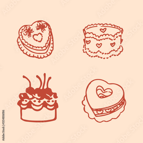 A set of doodle illustrations of cakes