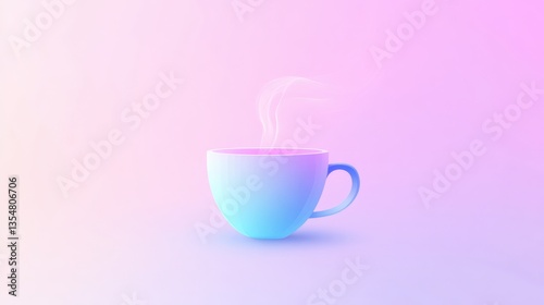 Aesthetic Gradient Coffee Cup with Warm Steam on Soft Pink and Blue Background, Perfect for Relaxing Morning Vibes and Cozy Beverage Moments