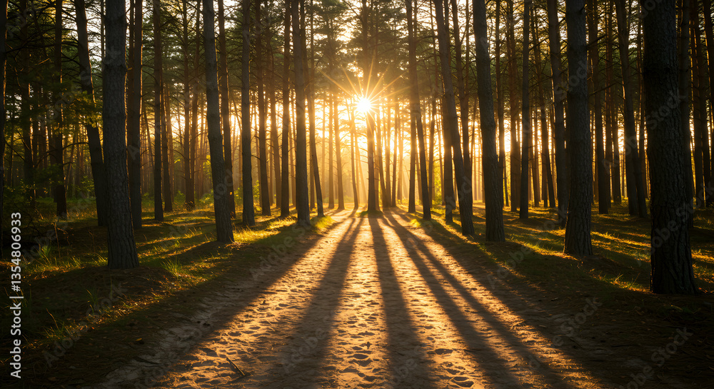 Obraz premium Sunlight Streaming Through Tall Trees in a Forest Landscape
