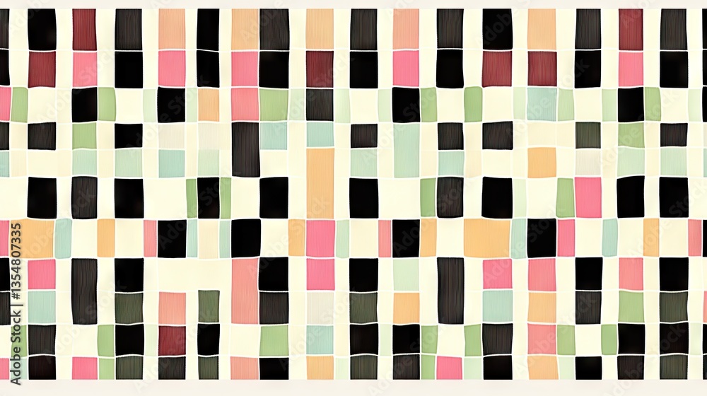 Rectangular patterns on off-white. An abstract decorative geometric arrangement with pastel and dark-colored squares Rectangular patterns on off-white. An abstract decorative geometric arrangement with pastel and dark-colored squares