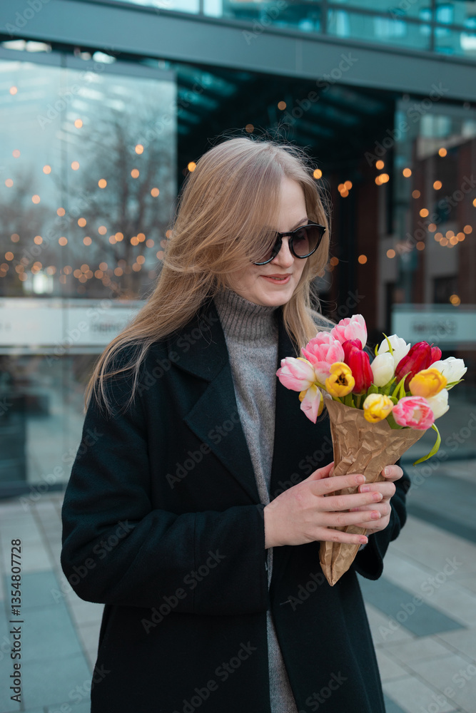 Beautiful happy Caucasian woman smelling bunch of tulips with closed eyes. High quality
