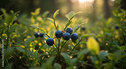 Harvesting Wild Blueberries Bush at Sunrise in Natural Forest Setting