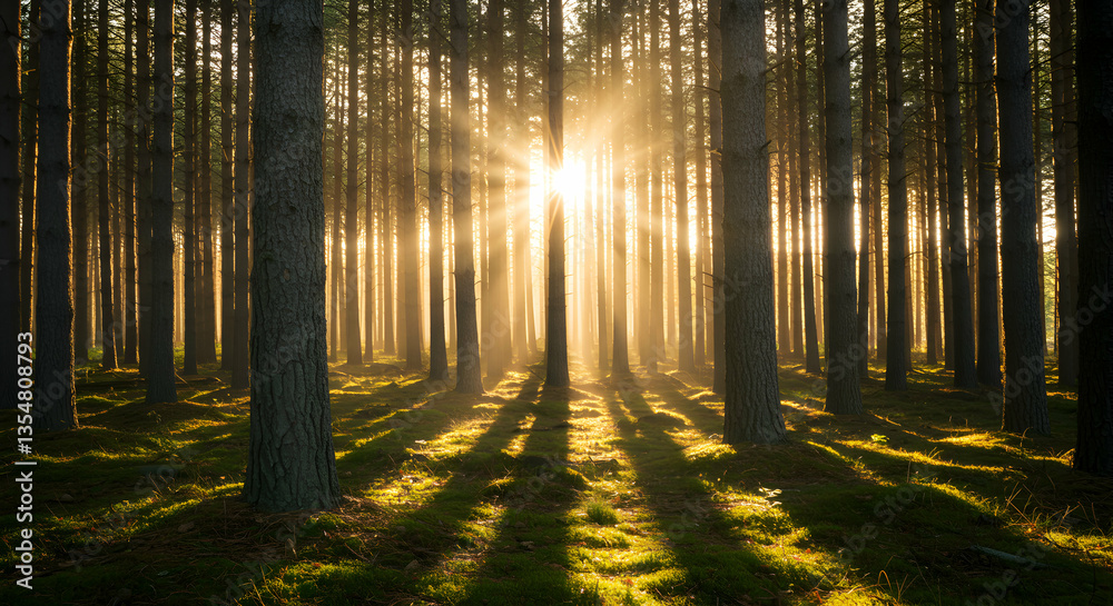 Naklejka premium Sunlight Streaming Through Tall Trees in Dense Forest Landscape